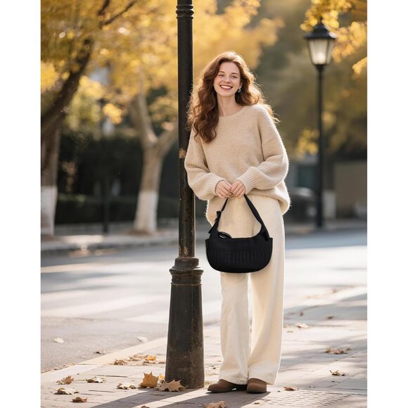 Crescent Women's Light Quilted Puffy Black Shoulder Bag for Travel - Picture 2 of 8